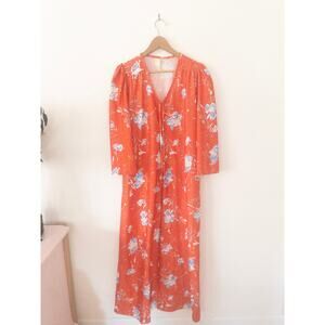 Vintage 1970s Sears Orange Floral Zip Front Mumu House Dress Women's Size Medium